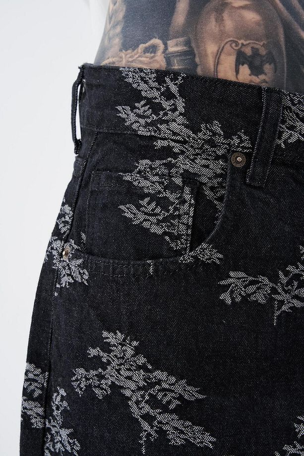 Erkek Flower Patterned Jean Siyah - 3