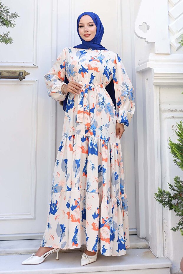 Patterned Hijab Dress Cobalt Blue 557