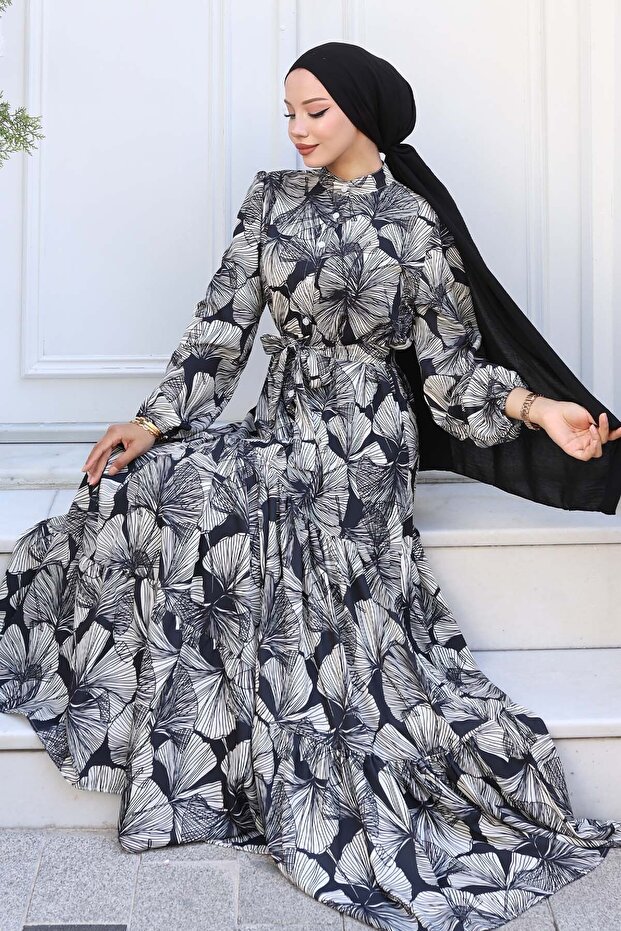 Patterned Hijab Dress Black 559