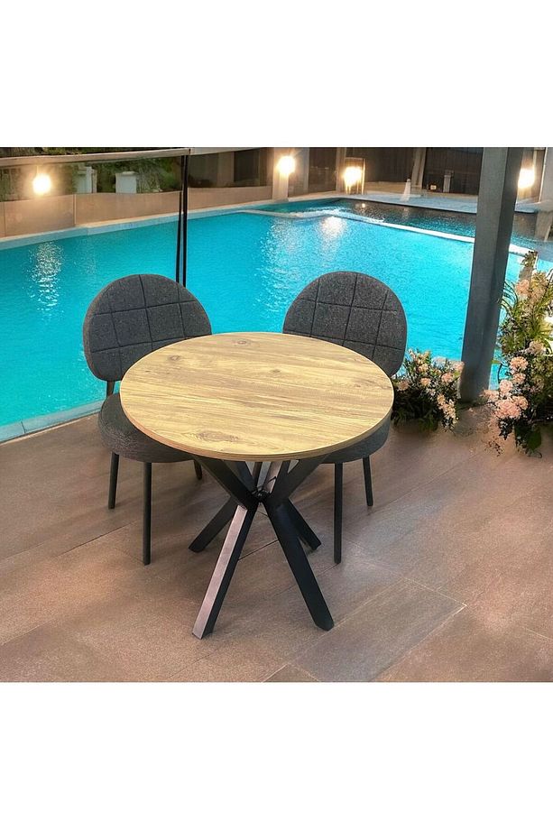 Bambeds Mobilya 70x70 Çam Yuvarlak Balkon Masa Ahtapot Ayak Armut Keten Sandalye 2 Adet - 2