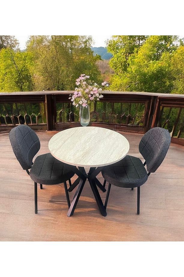 Bambeds Mobilya 70x70 Trevertan Yuvarlak Balkon Masa Ahtapot Ayak Armut Keten Sandalye 2 Adet - 7