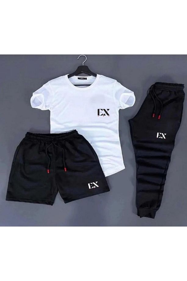 EXans Baskılı Original Ünisex Yazlık Şort T-shirt Eşofman Altı 3 lü Set Combin Takım - 1