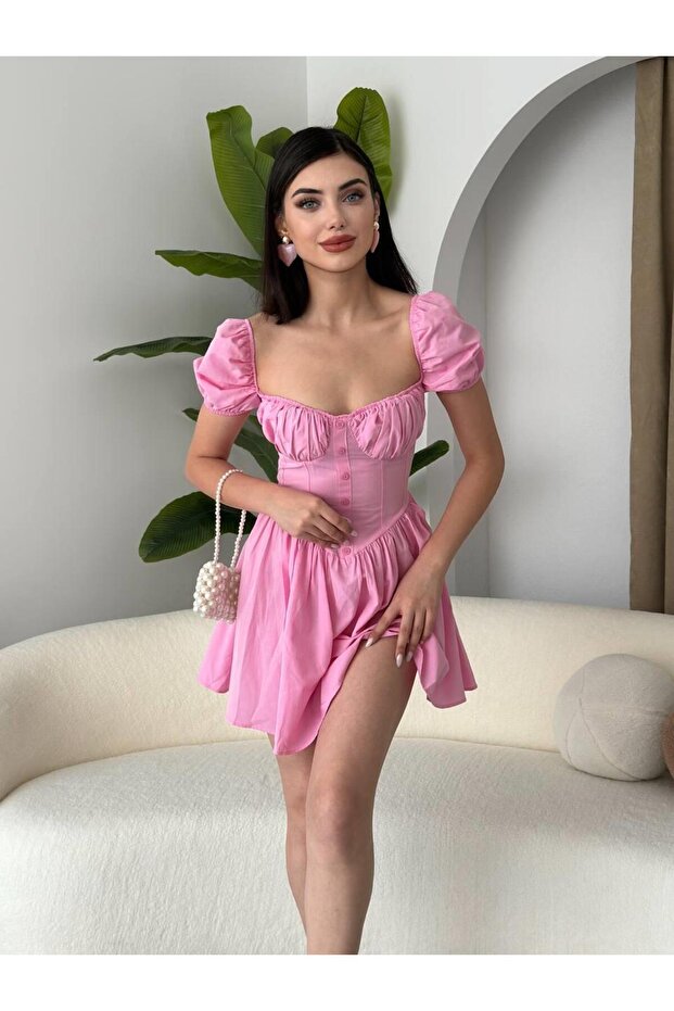 Poplin Mİni Düğmeli Elbise - 2