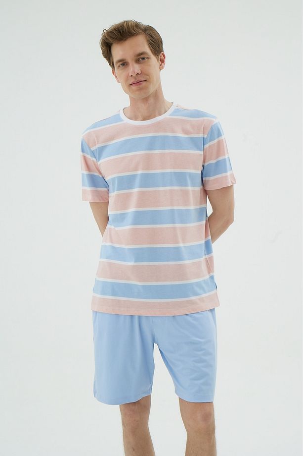 Açık Mavi Çizgili Bisiklet Yaka Erkek Şort Pijama Takımı - 4