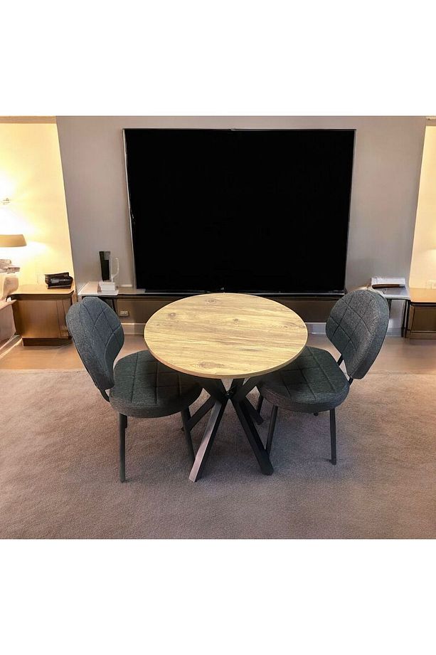 Bambeds Mobilya 70x70 Çam Yuvarlak Balkon Masa Ahtapot Ayak Armut Keten Sandalye 2 Adet - 4