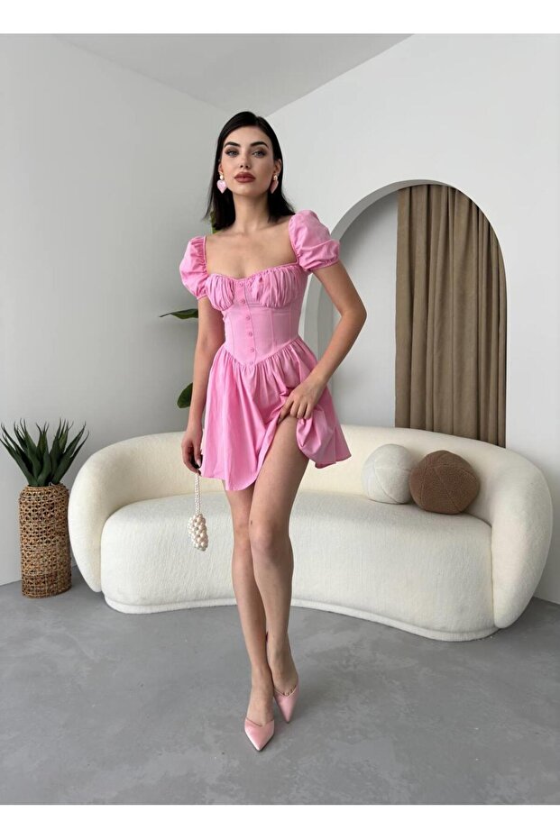 Poplin Mİni Düğmeli Elbise - 7