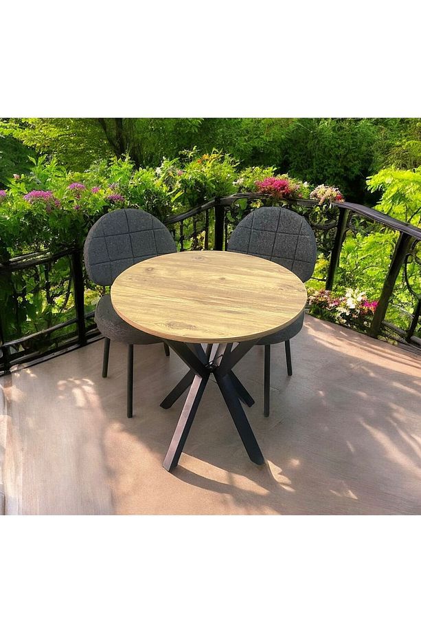 Bambeds Mobilya 70x70 Çam Yuvarlak Balkon Masa Ahtapot Ayak Armut Keten Sandalye 2 Adet - 3