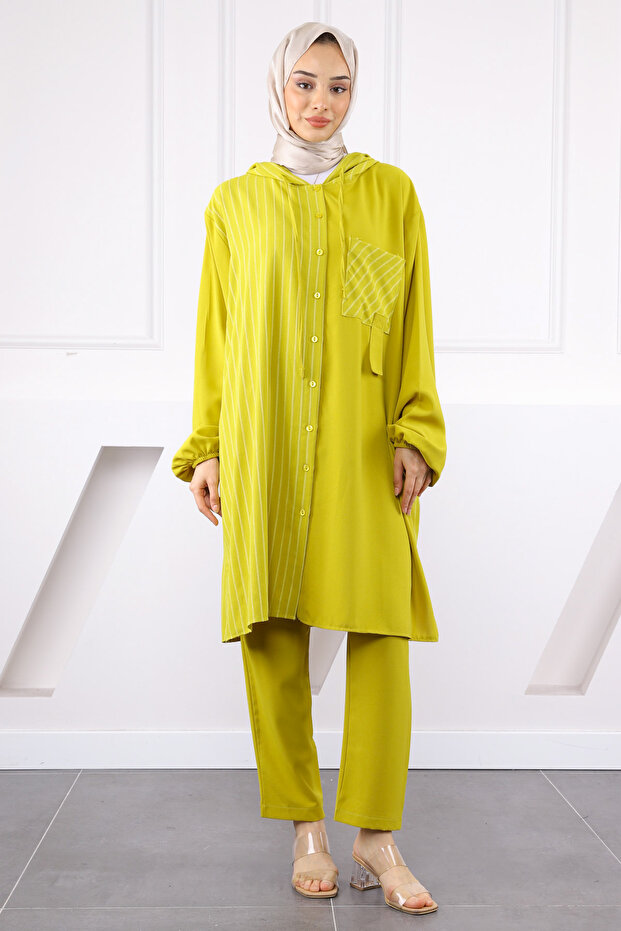 Oil Green Hooded Striped Tunic Pants Suit