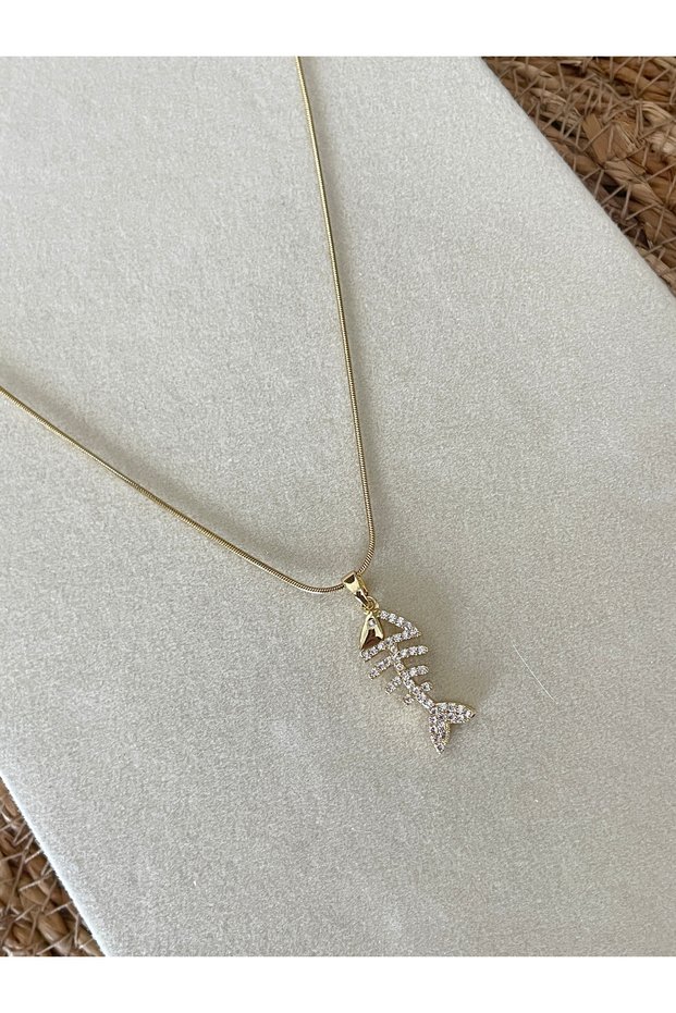 Lotusbybuket Gold Steel Vip Zircon Stone Fish Skeleton Necklace
