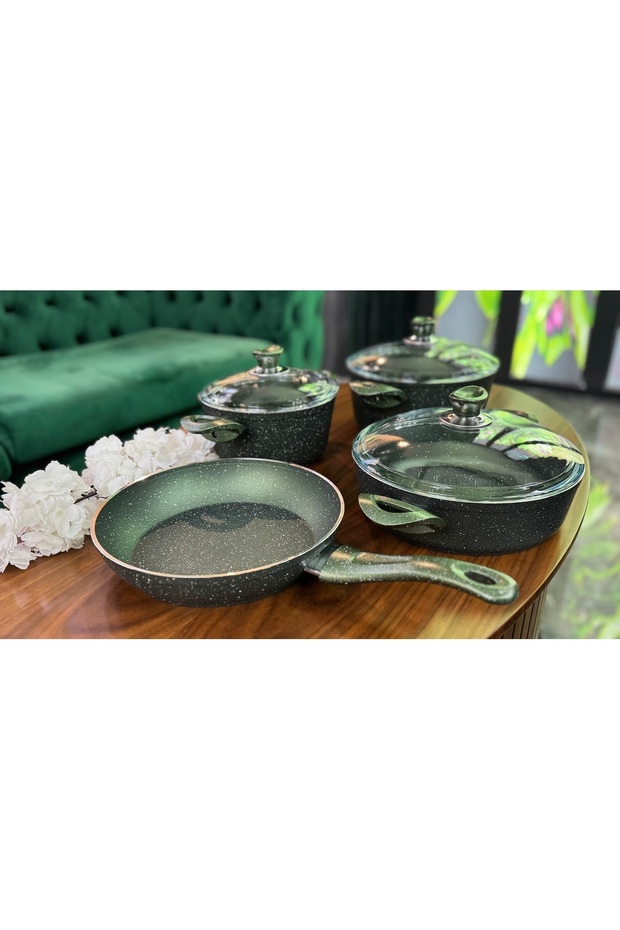Green Color Granite 7 Pcs Fireproof Non-Stick Pot & Pan Set Glass Lid - 4