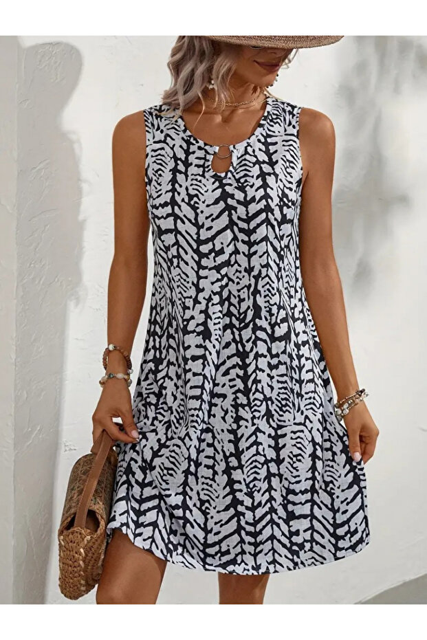 Zero Sleeve Round Neck Patterned Flounce Mini Dress - 4