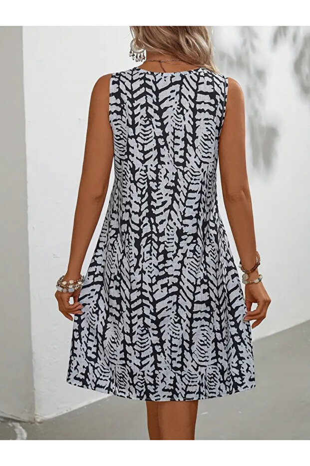 Zero Sleeve Round Neck Patterned Flounce Mini Dress - 3