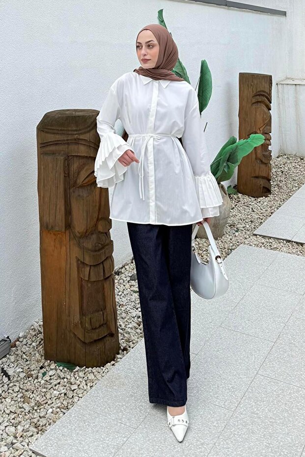 Piliseli Uzun Gömlek Beyaz - 1