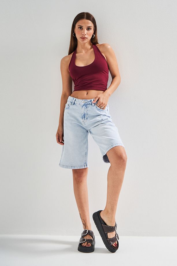 Kadın Snow Kot Rengi 4s5-100 %100 Koton Midi Baggy Fit Denim Bermuda Şort - 4