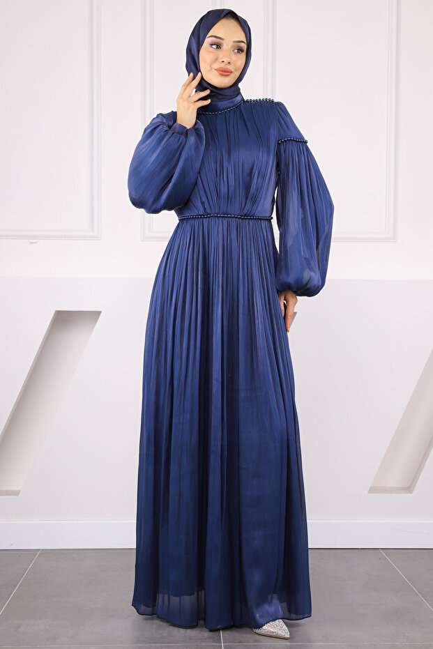 Navy Blue Balloon Sleeve Pleated Chiffon Evening Dress
