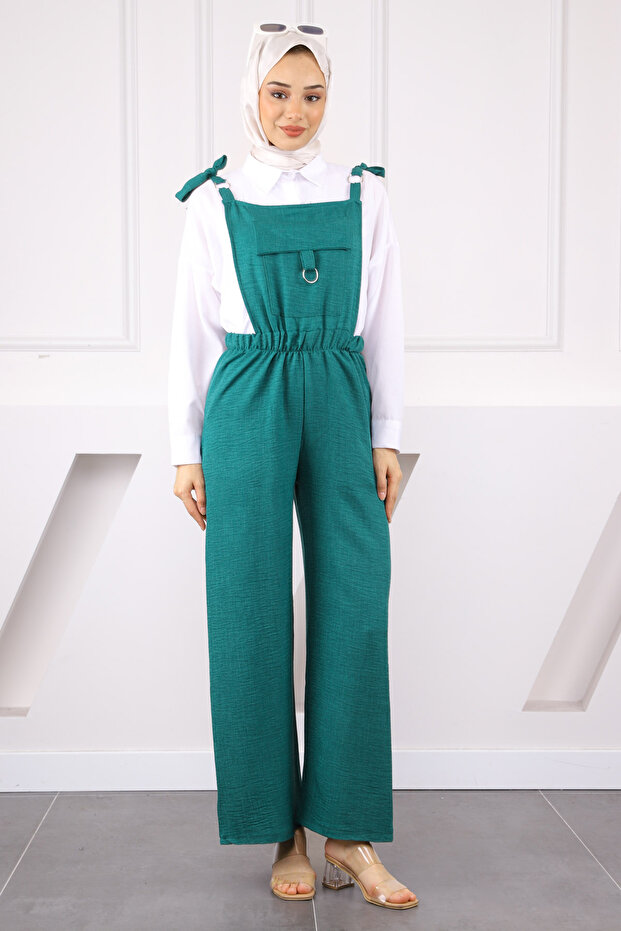 Emerald Green Linen Jumpsuit with Pocket Detail