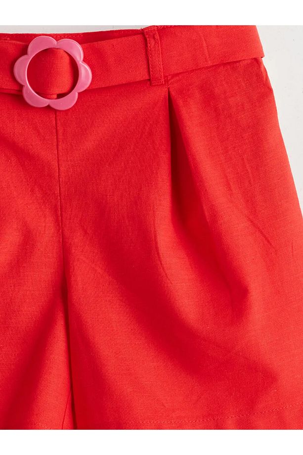 LCW Kids Kirmizi Keten Karışımlı Çiçekli Kız Çocuk Şort - 3