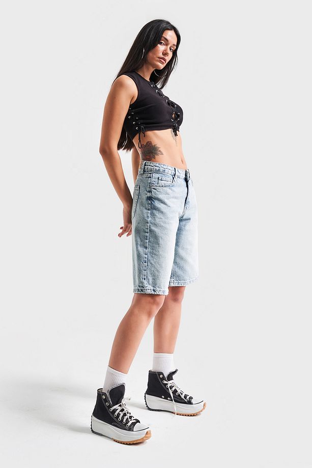 Kadın Tint Kot Rengi Baggy Fit Midi Boy Denim Şort - 6