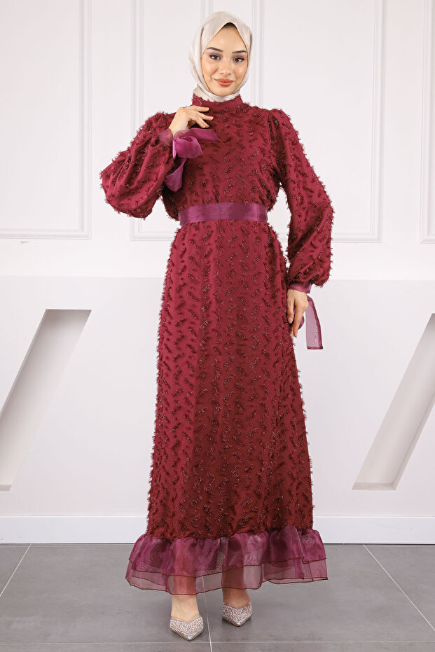 Burgundy Sleeve Tie Belted Evening Dress