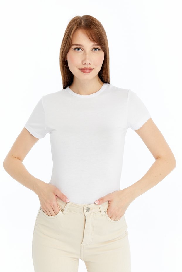 Women's White Round Neck Short Sleeve Viscose Blouse