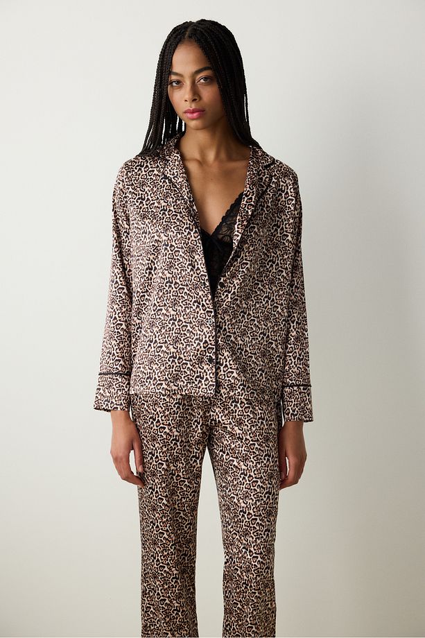 Leopard Saten Açık Bej Gömlek Pantolon Pijama Takımı - 3