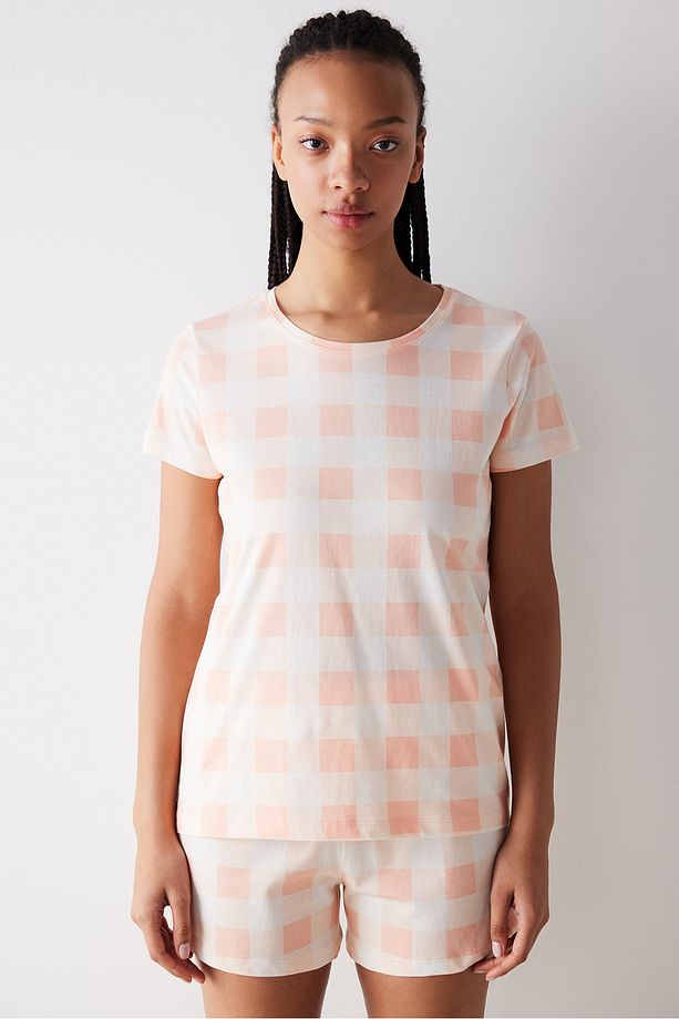 Peach Gingham Şortlu Pijama Takımı - 1