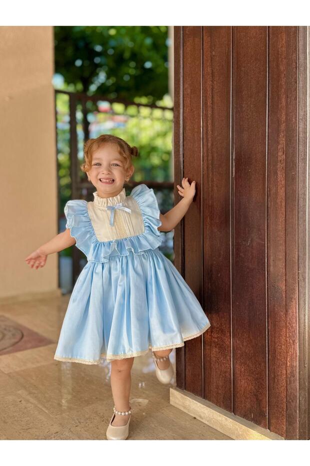 Defne Blue Bow Vintage Baby Girl Dress, birthday dress, photo shoot dress, suitable for ages 0-7