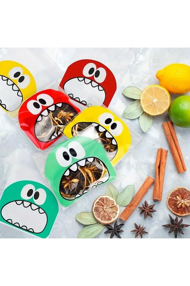250 Adet 10x11 (3) Cm Canavar Desenli Bantlı Opp Jelatin Poşet, Kurabiye Poşeti, Cake Pops( 3 Renk) - 6