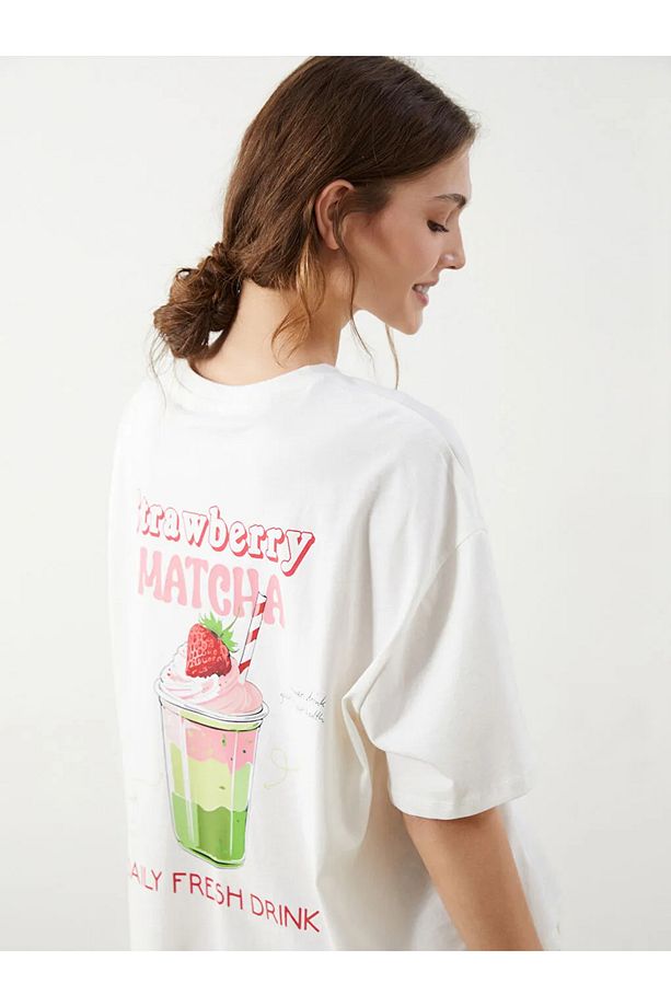 LCW Young Ekru Bisiklet Yaka Baskılı Oversize Kadın Pijama Üstü - 1
