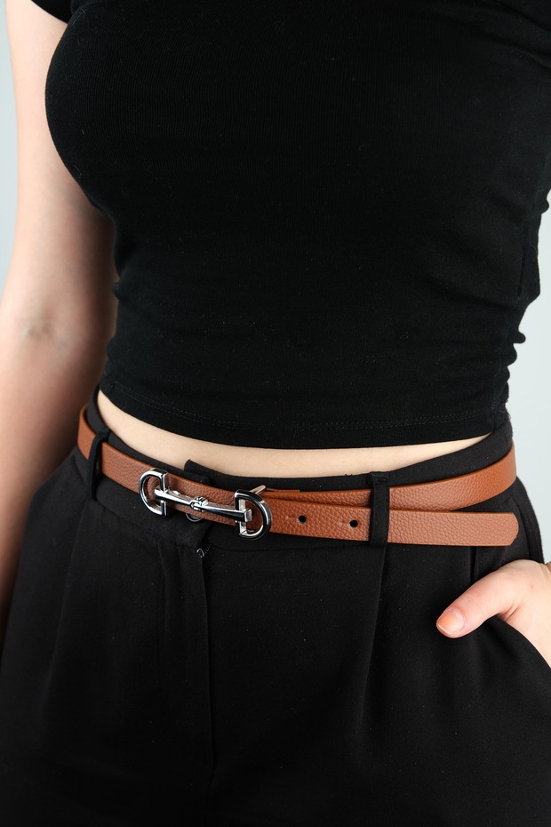 Women's Tan Thin Faux Leather Belt with White Buckle 100 cm