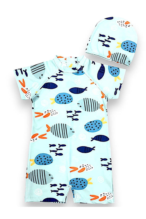 Unisex Kids Fish Patterned Short Sleeve Bonneted Swimsuit Set with Zipper Closure