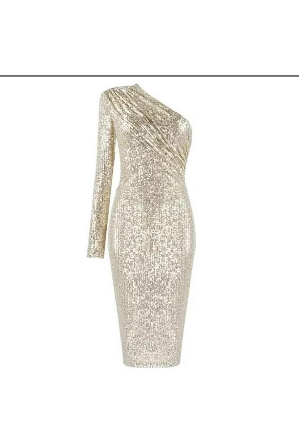 Lüks Designer Tek Omuzlu Payet Sequins Elbise Gece Parti Davet Özel Davet Elbise - 6