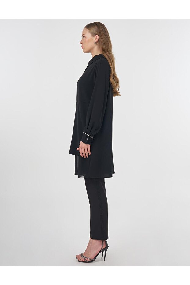 Şifon Parçalı İşlemeli Tunik Siyah - 4