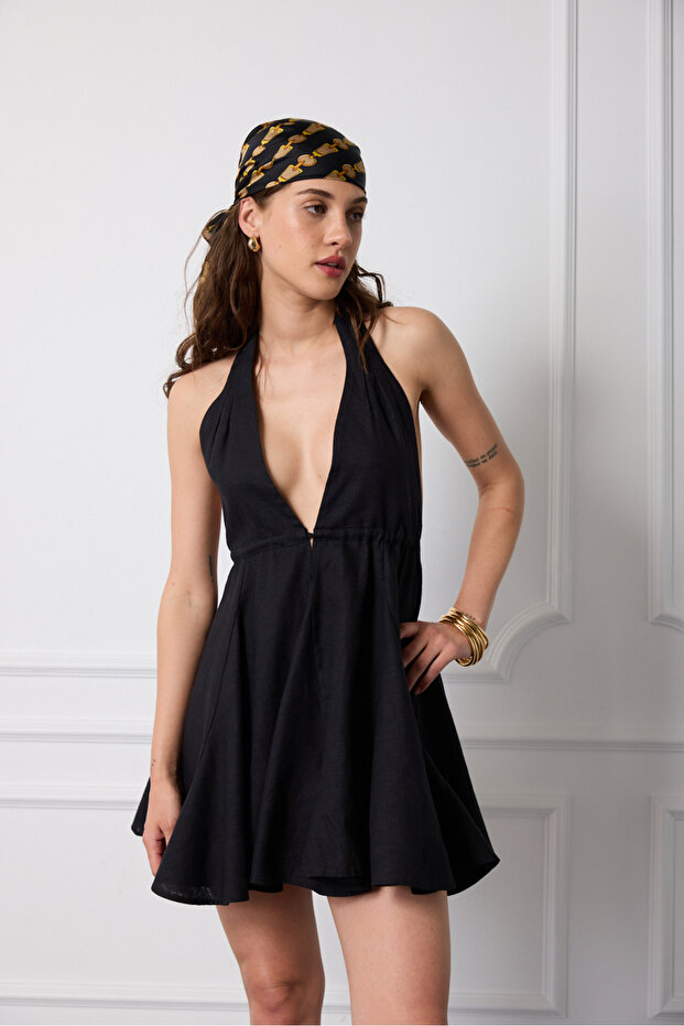 Sırt Dekolte %100 Keten Mini Elbise - 2