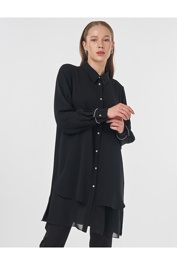 Şifon Parçalı İşlemeli Tunik Siyah - 1