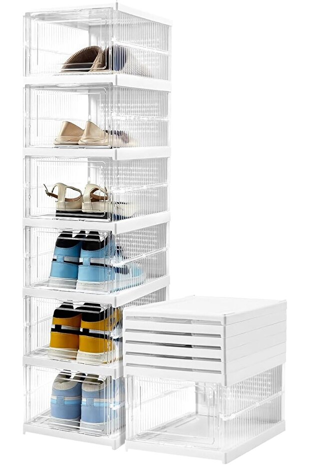 U HOOME 6 Tier Shoe Boxes,Stackable Shoe Storage Organizer Boxes Easy Installation All in One Shoe