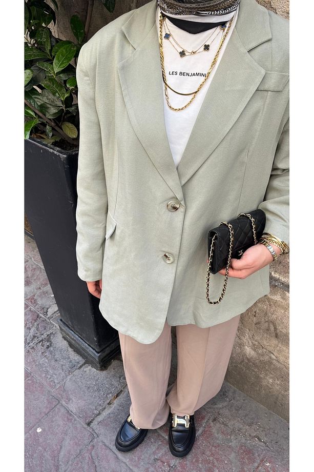 Keten Oversize Mng Astarlı Blazer Yeşil - 4