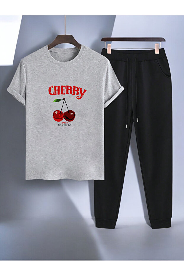 Unisex Happy Cherry Design Printed Tshirt Tracksuit Set