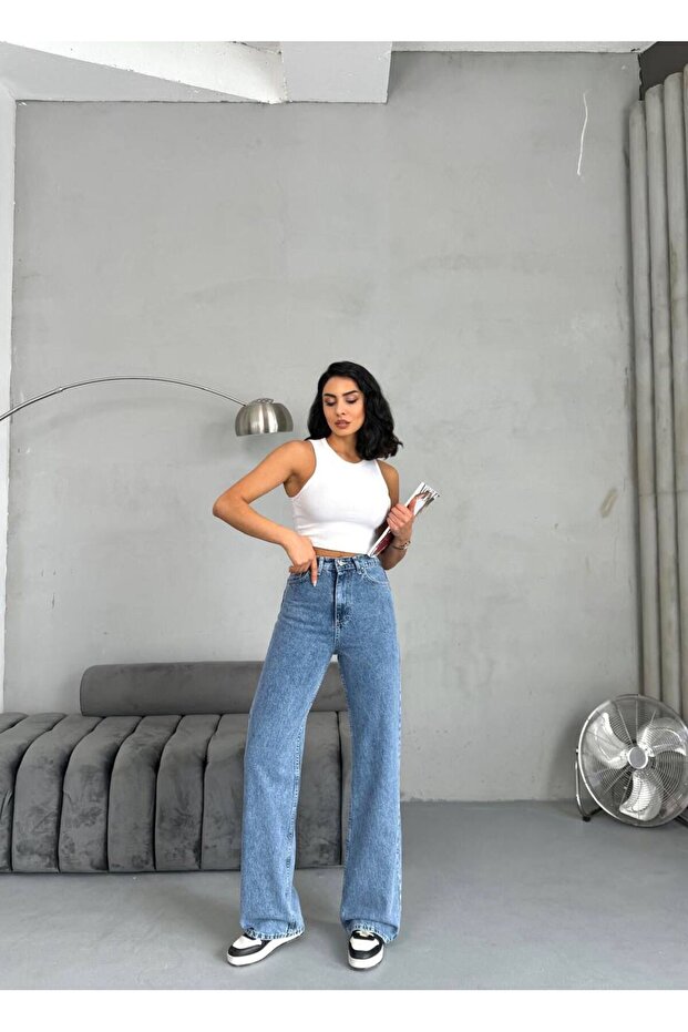 Snow Light Blue Wide Leg High Waist Women's Jeans