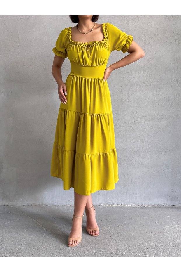 Women's Oil Green Gathered Collar Stretch Dress