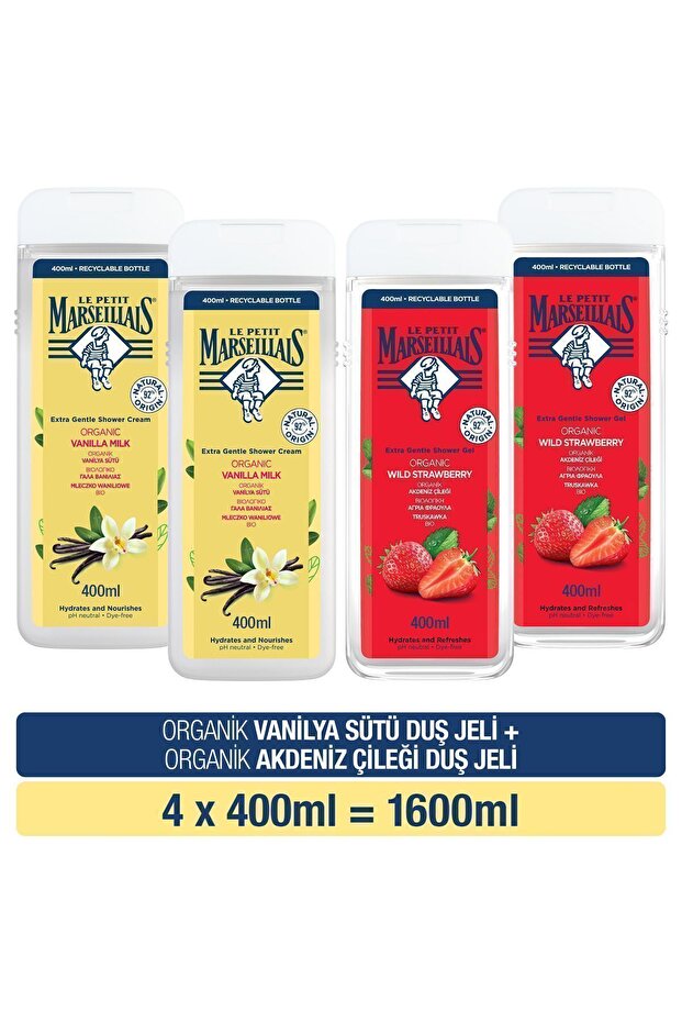 Organik Vanilya Sütü Duş Jeli 400 ml x2 + Akdeniz Çileği Duş Jeli 400 ml x2
