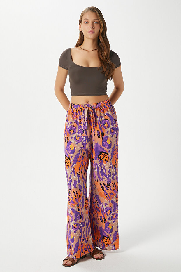 Women's Hilda Purple Orange Waist Elastic 100% Viscose Summer Trousers