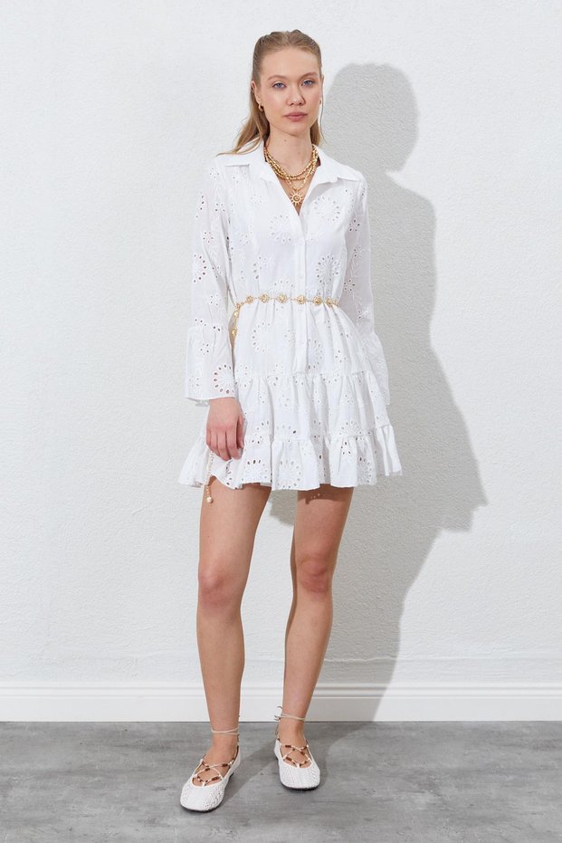 Women's Ecru Scalloped Shirt Dress