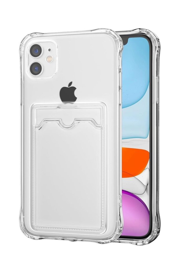 Apple iPhone 12 Mini Case Shock Absorbing Corner Protection Silicone Cover with Card Holder Wallet - Transparent