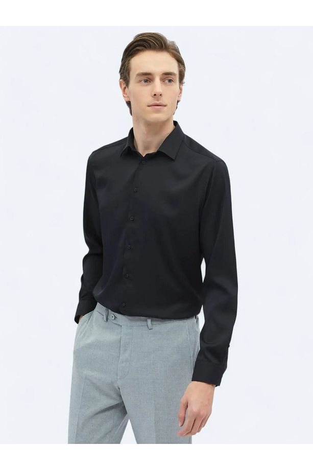 Siyah Düz Regular Fit Dokuma Casual Gömlek - 3