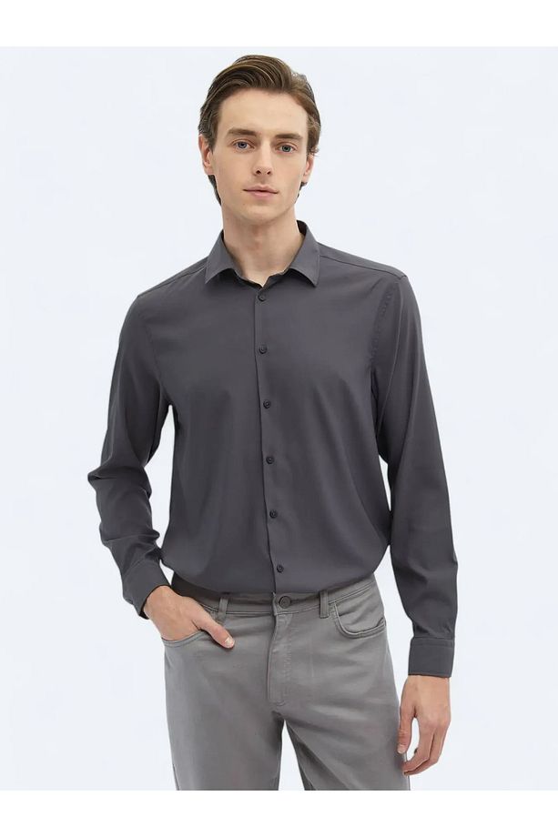 Antrasit Düz Regular Fit Dokuma Casual Gömlek - 1