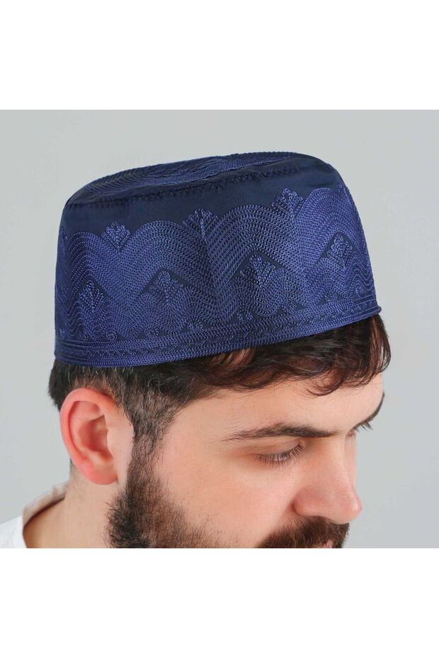 Mevlidhan Namaz Takkesi Topbaş Hafız Embroidered Navy Blue