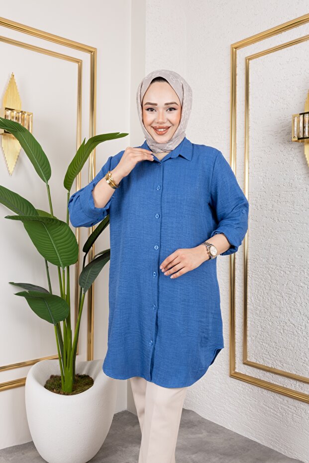 Λινό πουκάμισο Sofia Plus Size Μπλε - 2