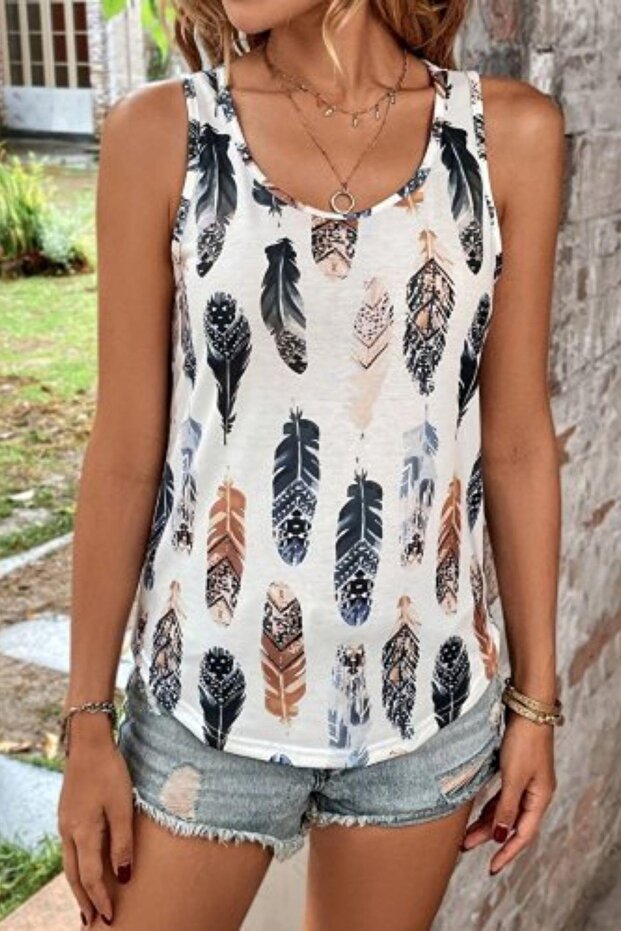 Zero Sleeve Leaf Patterned Single Jersey Blouse - Patterned - 2