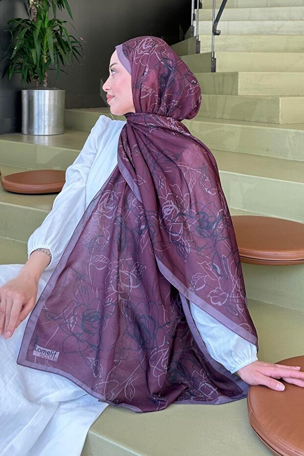 Çiçek desen Soft Şal Mürdüm - 4